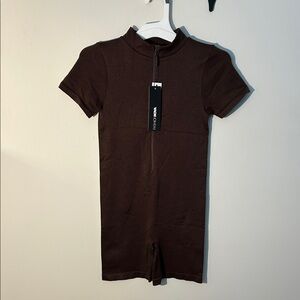 Fashion Nova Brown Short Sleeve Zip-Up Romper